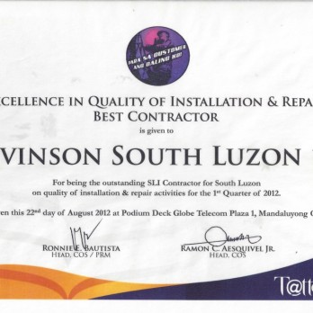 Excellence in Quality of Installation & Repair Best Contractor Levinson South Luzon 1B 1st Quarter 2012