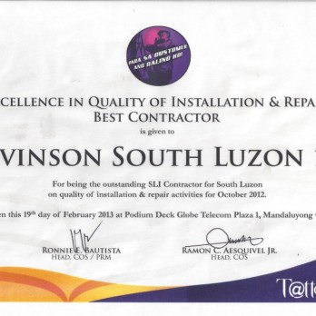 Excellence in Quality of Installation and Repair Best Contractor - Levinson South Luzon 1B October 2012
