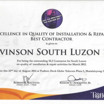 Excellence in Quality of Installation and Repair Best Contractor - Levinson South Luzon 1B March  2012