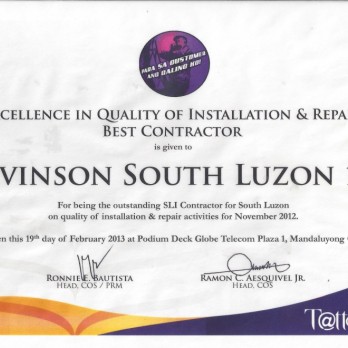 Excellence in Quality of Installation and Repair Best Contractor - Levinson South Luzon 1B November 2012