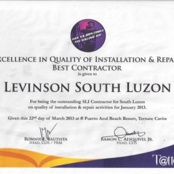 Excellence in Quality of Installation & Repair Best Contractor Levinson South Luzon January 2013